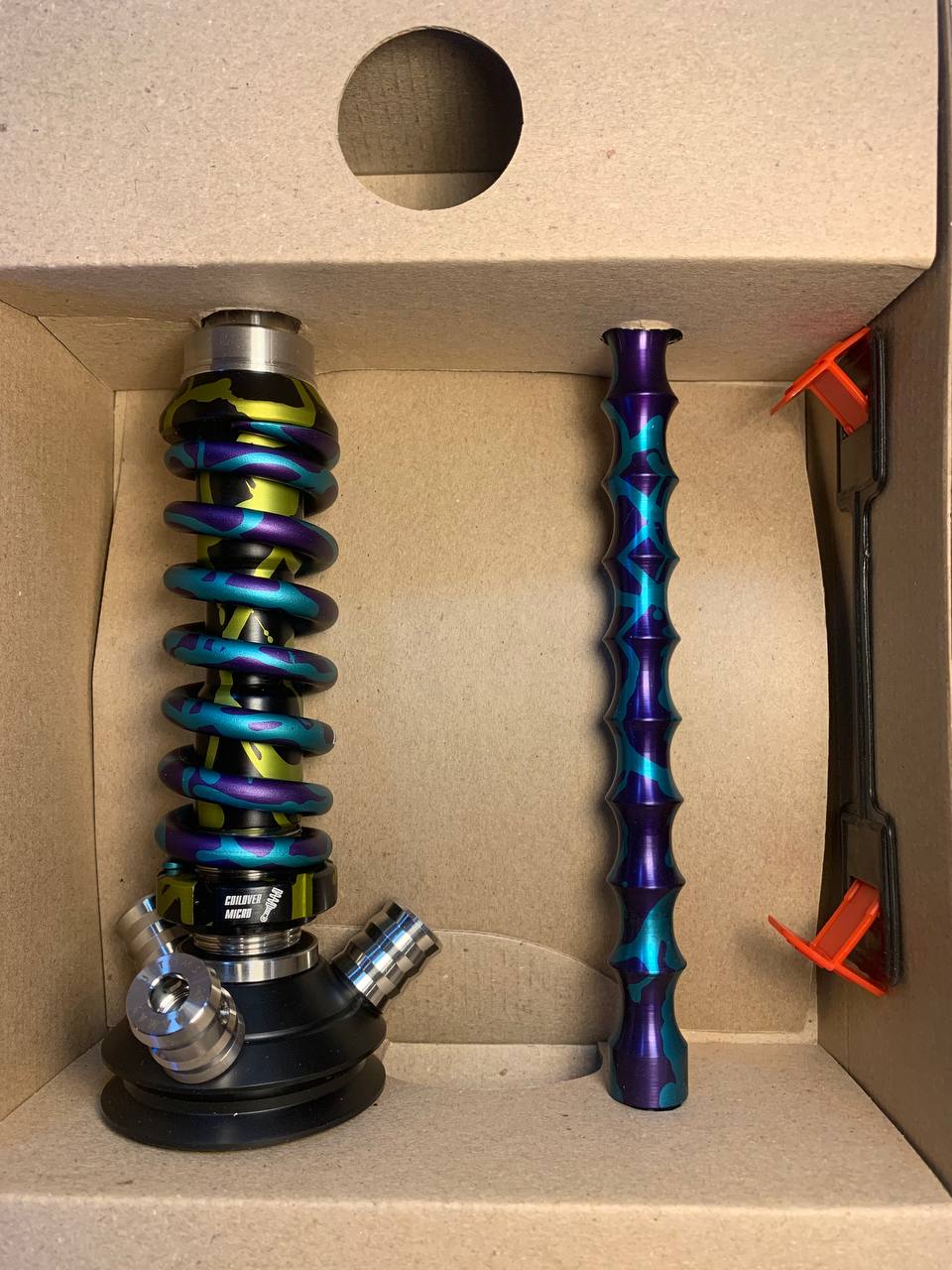 Кальян - Mamay - Coilovers Micro Анодирование - ( Оливковый сплэш шахта - фиолетово бирюзовый сплэш спираль )